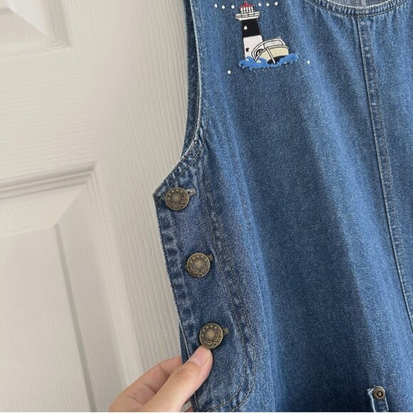 Vintage 4th of July Denim Dress Women's L Lighthouse Embroidered Dress Overall - Picture 5 of 10